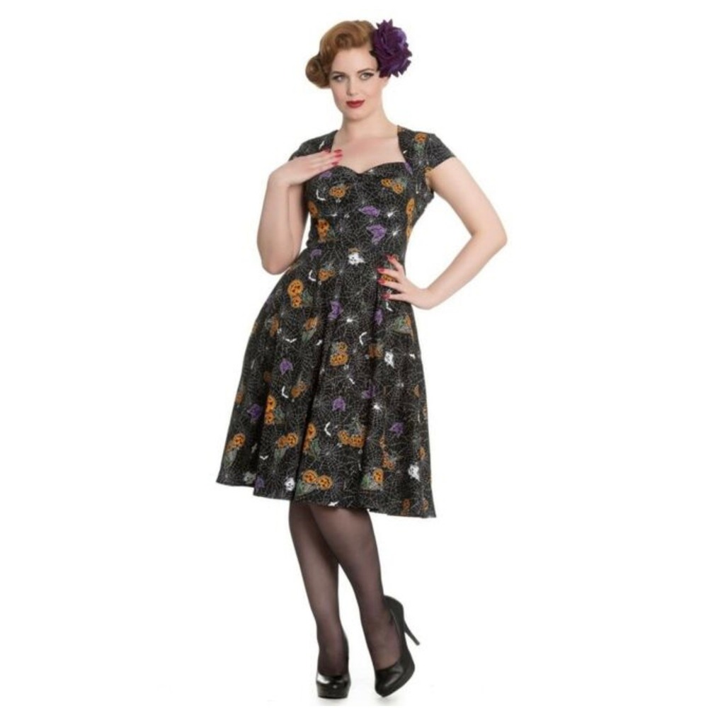 Hell Bunny Harlow Halloween Dress Pumpkins Bats Spiderwebs 50s Rockabilly Gothic